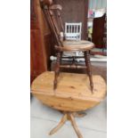 Modern pine drop-leaf kitchen table and a stick-back chair on turned supports (2)