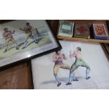 Two framed boxing prints and a selection of various vintage playing cards including The Royal Mail
