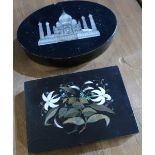 Pietra Dura type inlaid stone floral pattern paperweight and oval Taj Mahal box (2)