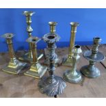 Selection of various early 19th C and later candlesticks in one box, including two pairs