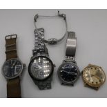 Selection of various wristwatches including Timex, Hamilton, military issue wristwatch the back with