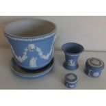 Wedgwood blue jasperware jardiniere and stand and three other pieces of Wedgwood