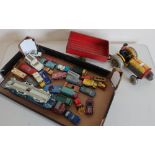 Tinplate toy tractor and various diecast vehicles in one box including Hot Wheels, Matchbox, Corgi