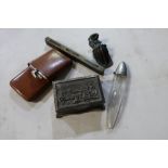 Silver plated hip flask with leather case, a letter clip, cut glass flask, vintage spirit level etc