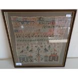 Framed and mounted 19th C sampler with letters, numbers and various pictures (36.5cm x 39cm)