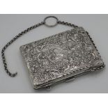 London 1897 silver hallmarked ladies purse with chain link strap, the hinge compartment revealing