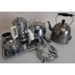 Retro Challenger four piece tea service on tray, pair of kettle stands and a vintage kettle