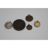 George III 1797 cartwheel penny, USA 5 cent 1952 pendant coin, 1902 coronation pendant, 1863 50