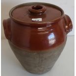 Large earthenware twin handled crock type pot (lid A/F) (height 33cm)