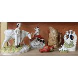 Salt glazed jug, Staffordshire style figures and a fox mask spirit cup