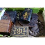 Box containing a selection of various carved wood items including frames, lacquered oriental style
