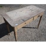 Victorian painted pine two drawer side table on turned supports (107cm x 53cm x 77cm)