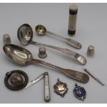 Silver hallmarked dessert spoon, two silver hallmarked sauce ladles, similar cruet spoon, various