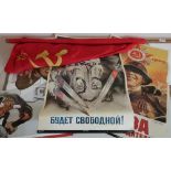 Cotton Soviet flag on pole and a small selection of reproduction Soviet Russian propaganda posters