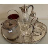 Oval twin handled silver plated gallery tray, glass and silver plated centrepiece, frosted glass and