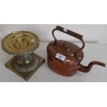 19th C brass comport garniture on square base (16cm high) and a Victorian copper kettle (2)