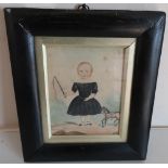 19th C ebonised framed watercolour of a young girl with toy horse (19.5cm x 22.5cm)