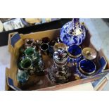 Classical style blue & gilt decanter and four goblets and various other similar overlaid glass