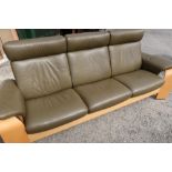 Stressless three seat reclining leather sofa with beech light wood supports (width 230cm)