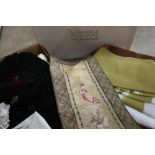 Large collection of various table linen, fabrics, silkwork shawl, Chinese silkwork panel, babies