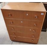 Oak veneered chest of five drawers (76.5cm x 46cm x 101cm)