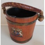 Coopered oak bucket with rope and leather work handle, tin liner and royal coat of arms to the front