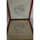 Pair of framed and mounted embroidered Oriental silkwork panels of dragons in red chinoiserie frames