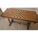 Late Victorian rectangular mahogany table with inset chess board on bobbin turned supports and