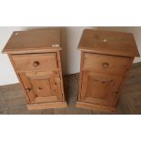 Small pair of modern waxed pine bedside cabinets with single drawer above panelled cupboard door (