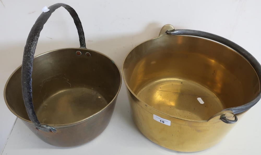 Large brass jam pan with swing handle (diameter 33cm) and another similar