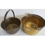 Large brass jam pan with swing handle (diameter 33cm) and another similar