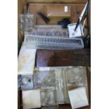 Tooled leather desk set, various glass ink wells and pen trays, white marble desk set etc