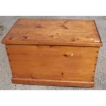 Late Victorian pine blanket box with hinged top, twin carrying handles and internal candle tray (