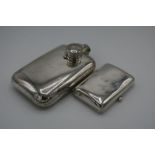London silver hallmarked hip flask with faint inscription (hinge A/F) (height 15cm) and a London