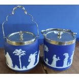 Wedgwood blue Jasper ware biscuit barrel with silver plated top (chip to base) and a similar Adams