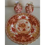 Copeland Oriental pattern plate (diameter 25cm) and a pair of Copeland twin handled vases (3)