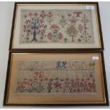 Two framed and mounted 19th C woolwork samplers (39cm x 24cm including frame, and 21cm x 37.5cm