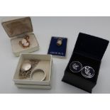 Silver Chim charm, pair of naval style cuff-links, silver locket and chain, silver wedding type