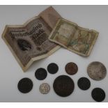 Rectangular box containing a collection of various GB and world coinage, tokens and notes, including