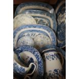 Selection of Victorian and later blue and white ceramics including meat plates, sauce boats etc in