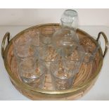 Water jug, various cut glass, set of six glasses and a brass twin handled wicker work tray