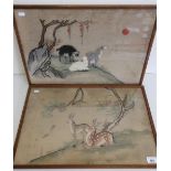 19th/20th C oriental embroidered silk work picture of stags and bats in landscape scene, and another