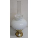 20th C brass paraffin lamp with opaque shade