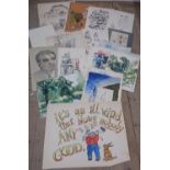 Artists folio containing a selection of watercolours, hand drawings etc