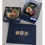 Small Moorcroft 'Queens Choice' baluster shaped vase (9.5cm), a matching Moorcroft circular pin tray