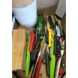 Taylors Eye Witness and other small kitchen knives, some with coloured handles, a knife block and