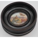 Late 19th C small continental hand painted porcelain oval plaque depicting a ruined castle in