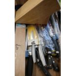 Sabatier, Waitrose and John Lewis kitchen knives, a Taylors Eye Witness oak knife rack and seven