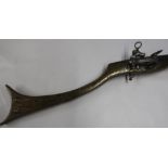 Indo-Persian brass overlaid Miquelet flintlock long gun, with 43 1/2 inch barrel