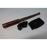 Small brass and wooden bound three drawer telescope and a leather cased pair of G.Fournier of